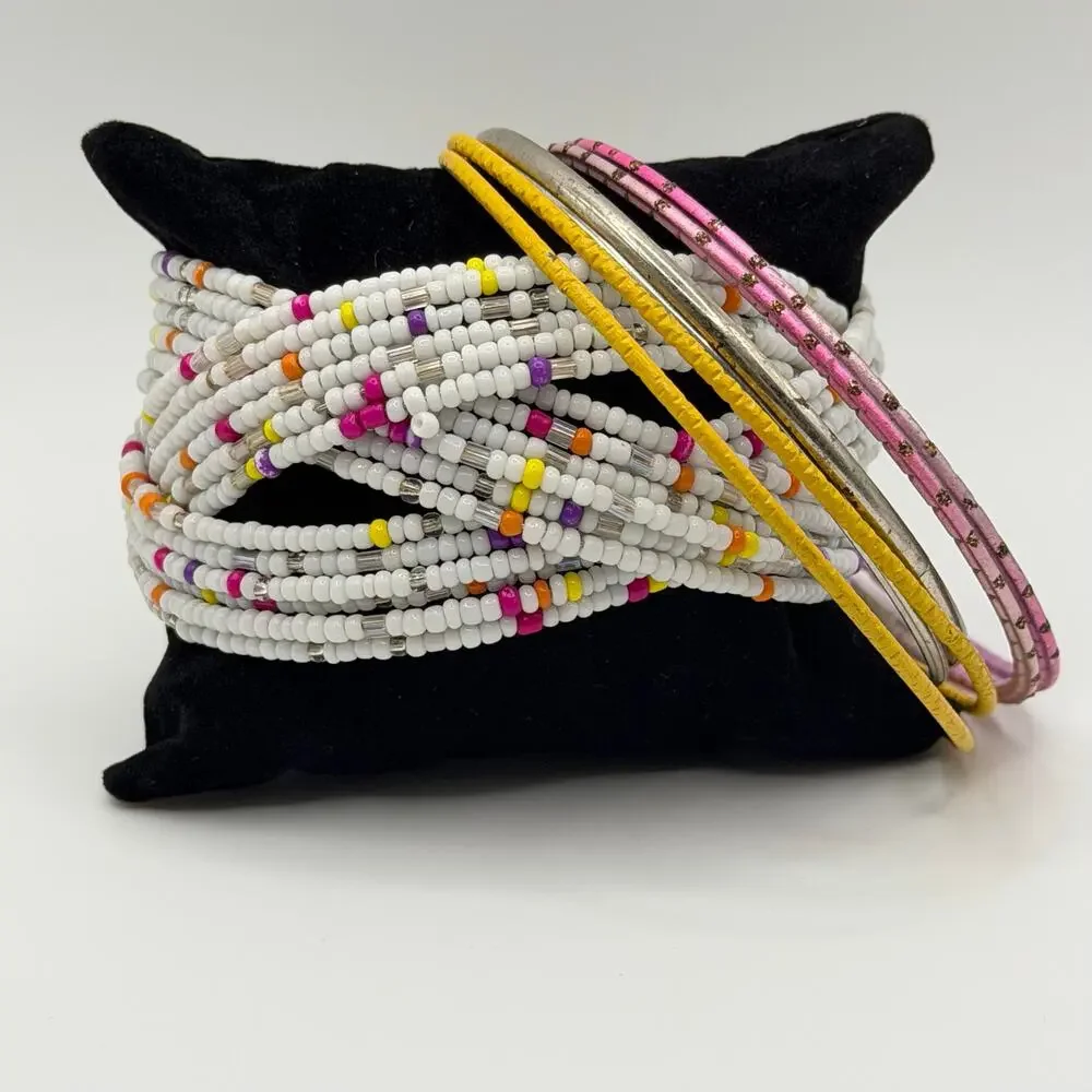 Wide White Seed Bead Cuff + 6 Colorful Stackable Bangles Set - Picture 1 of 5